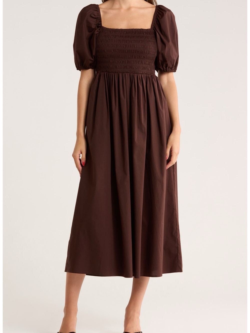 WAYF Brown Puff-Sleeve Smocked Midi Dress